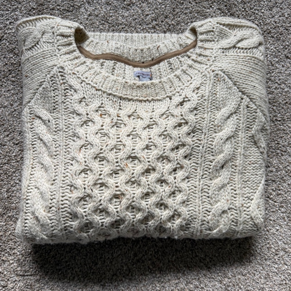 Carhartt Oatmeal Cable Knit Sweater Elbow Patches Women's XL Cabincore Gorpcore - Picture 12 of 12